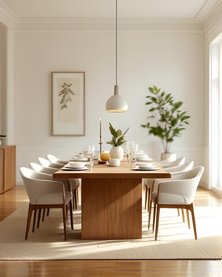 Massiver Esstisch mit Stühlen in einem hellen Esszimmer mit Schweizer Design