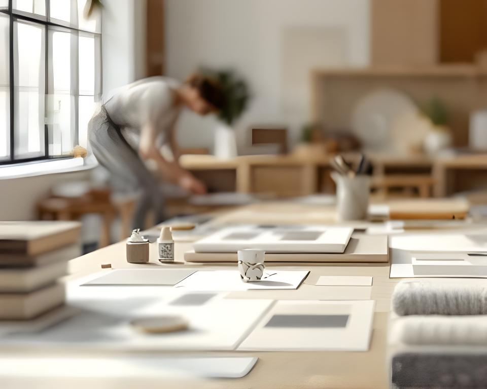 Innenarchitektin plant einen Wohnraum mit Holzmöbeln, Stoffmustern und Skizzen in einem hellen Zürcher Studio