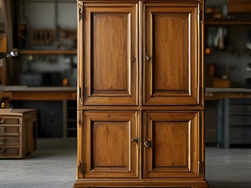 Restaurierter antiker Holzschrank mit fein überarbeiteter Front in einer Werkstatt