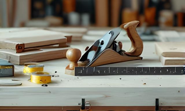 Werkbank mit Hobel, Massband und sorgfältig sortierten Holzstücken in einer aufgeräumten Werkstatt