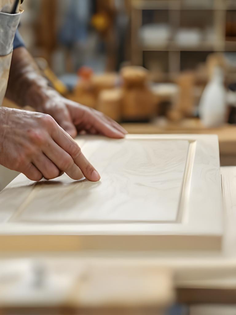Handwerker prüft eine fein geschliffene Holzfront in einer hellen Möbelwerkstatt mit klassischen Werkzeugen