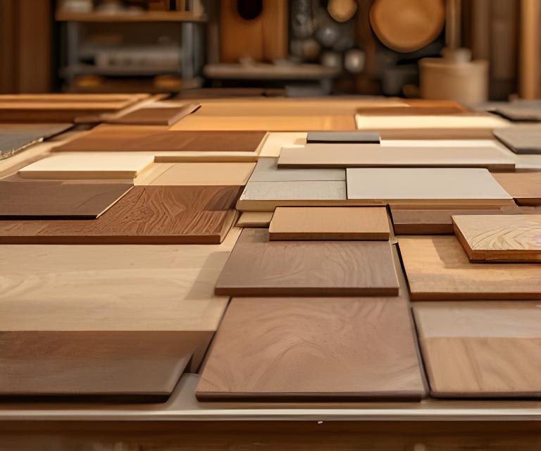 Auswahl von Holzplatten und Oberflächenmustern auf einem grossen Arbeitstisch mit natürlichem Licht