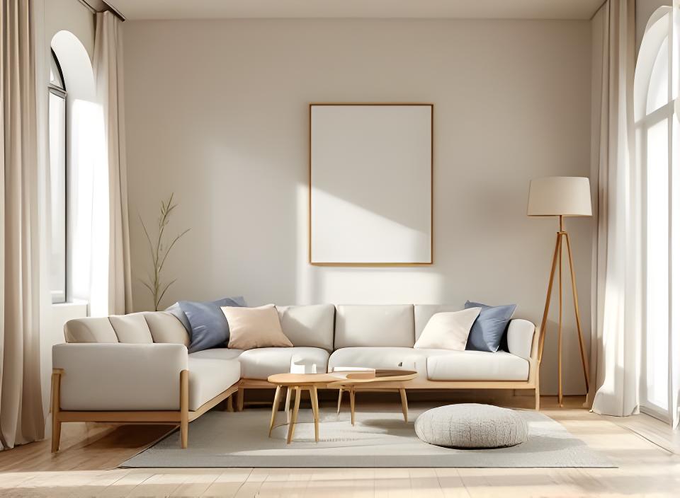 Modernes Wohnzimmer mit hellen Holzmöbeln, Textilien in Naturtönen und präzise gesetzter Stehlampe