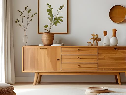 Wohnzimmer mit niedrigem Sideboard und sorgfältig arrangierten Holzakzenten